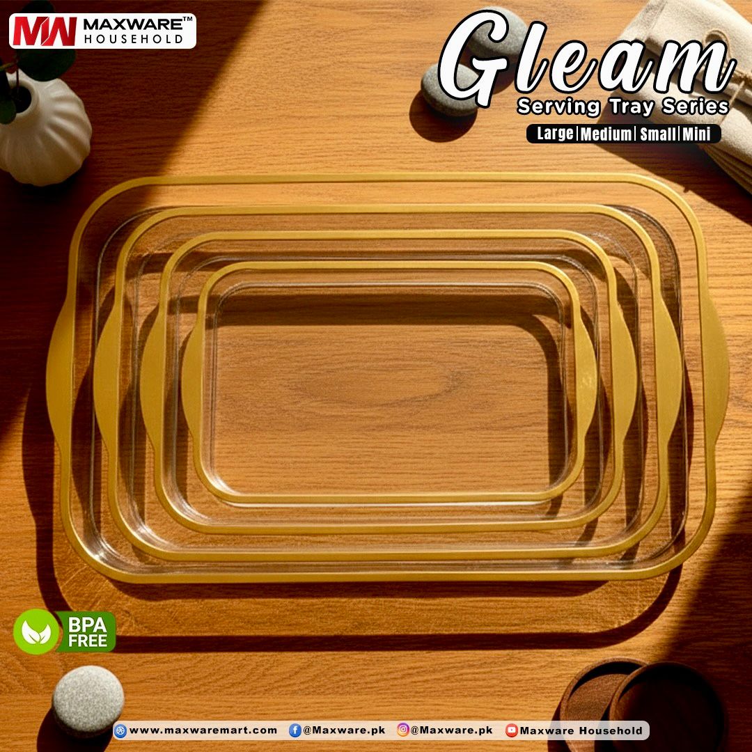 Maxware Gleam Serving Tray Series – Elegant Clear Plastic Platters with Gold Handles