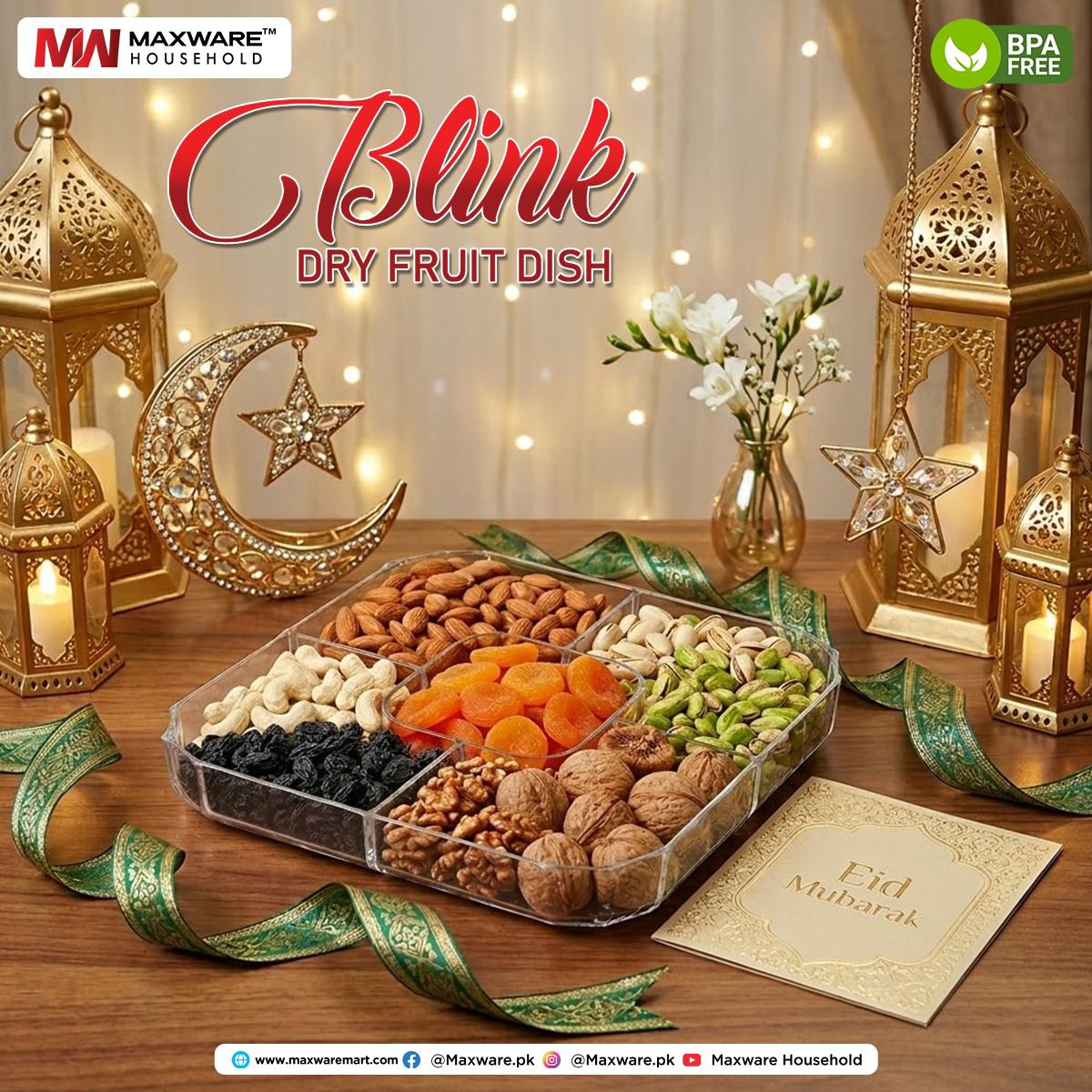 Maxware Blink Dry Fruit Dish – Clear Multi-Compartment Serving Platter for Snacks & Nuts