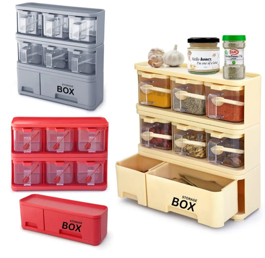 3-Tier Kitchen Spice Rack Organizer – Multi-Functional Seasoning Box with Drawers & Spoons