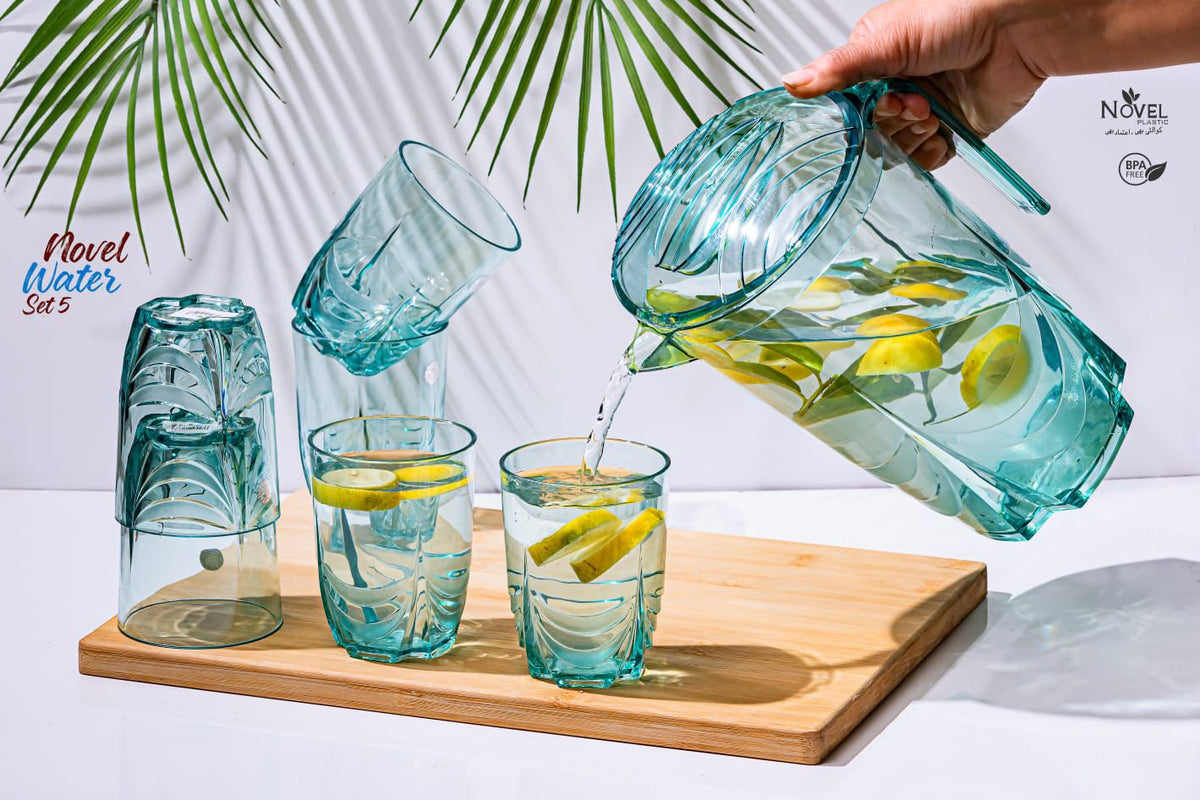 Novel Water Set 5 – Premium Clear Plastic Pitcher and Tumbler Set for Dining