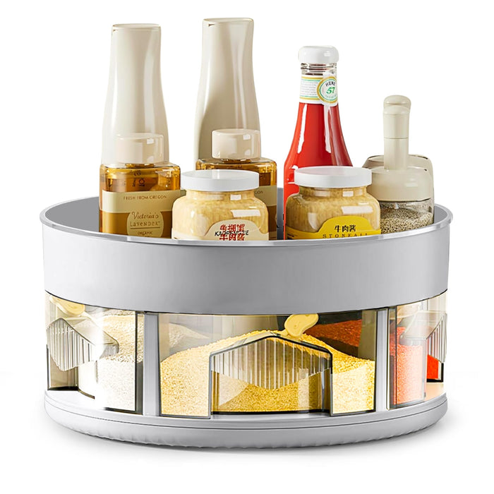360° Rotating Lazy Susan Spice Rack Organizer – Dual-Tier Condiment Carousel with Built-In Seasoning Drawers