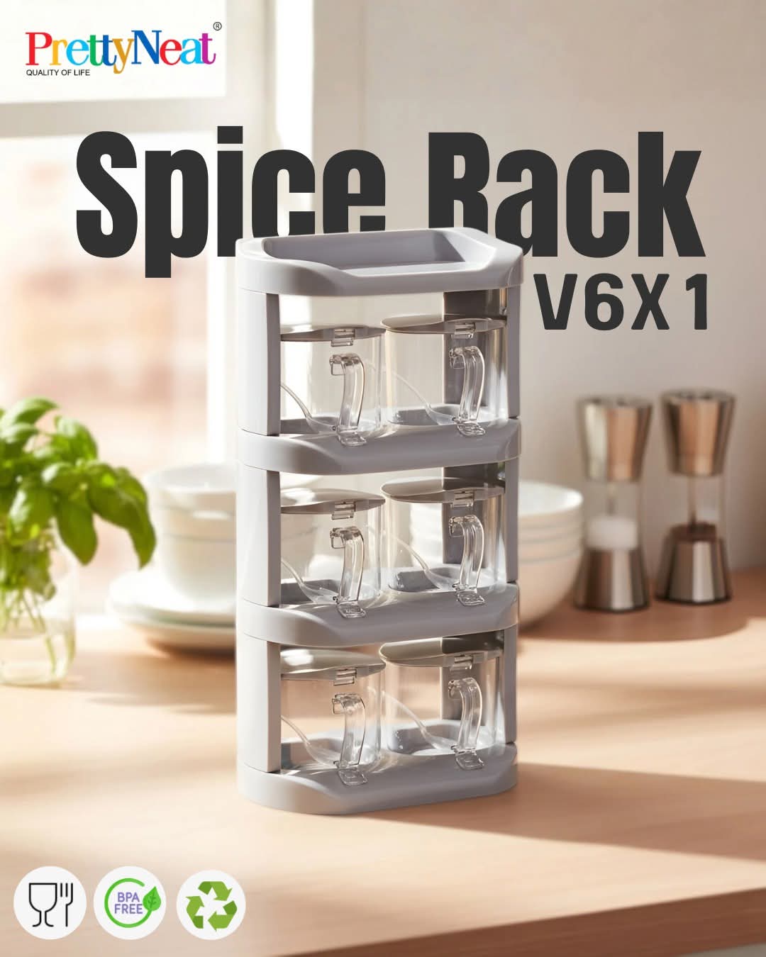 PrettyNeat V6X1 Spice Rack Organizer – 3-Tier Kitchen Condiment Carousel with 6 Clear Seasoning Jars