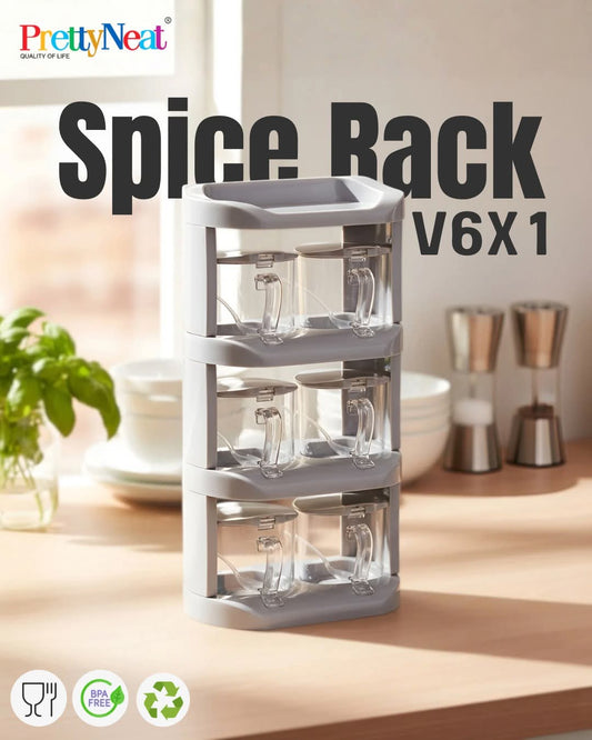 PrettyNeat V6X1 Spice Rack Organizer – 3-Tier Kitchen Condiment Carousel with 6 Clear Seasoning Jars